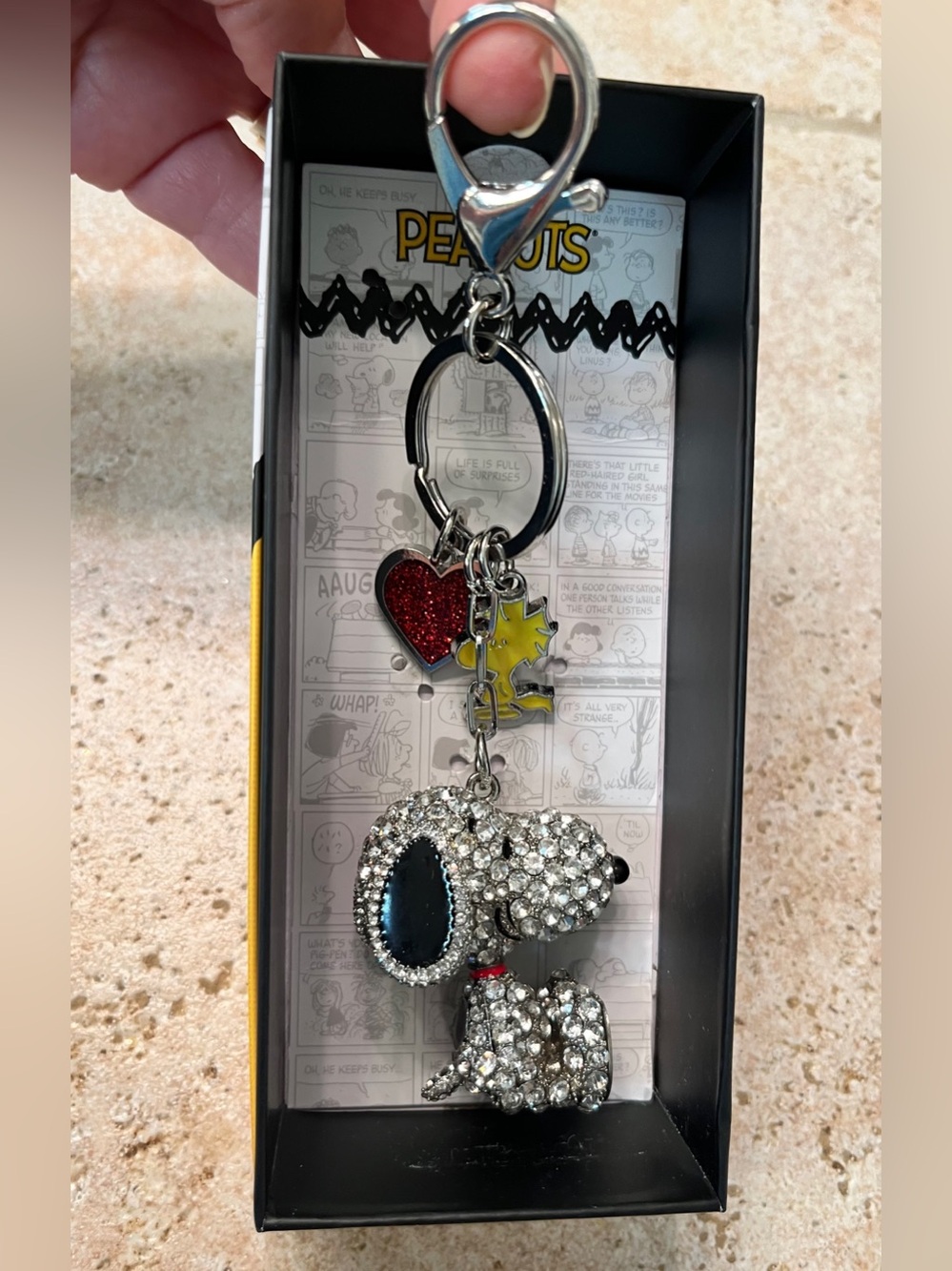 Peanuts Snoopy Dog Charm Keychain with Woodstock and Red Heart Pave Crystals New
